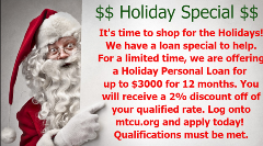 Holiday Day Loan Special for up to $3000 for 12 months. Receive a 2% Discount off of your qualified rate.